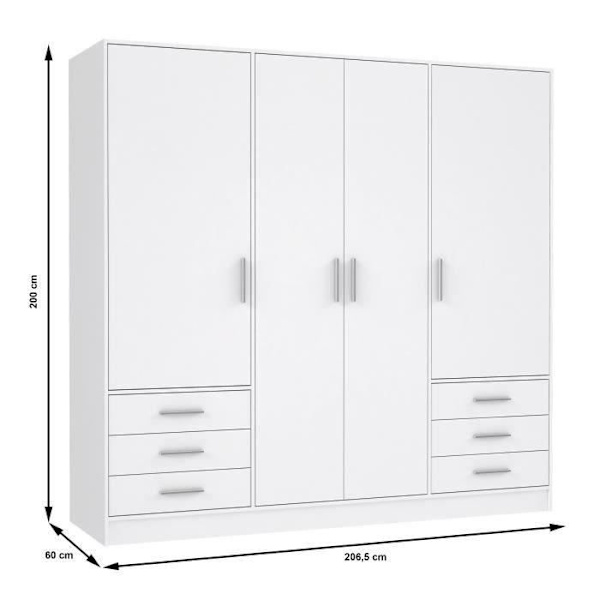 Vaatekaappi 4 saranoitua ovea + 6 laatikkoa - Lastulevy - Matta valkoinen - P 206,5 x S 60 x K 200 cm - JUPITER Vit
