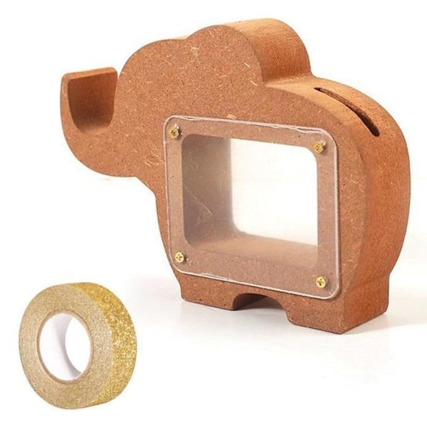 Elefantspargris i MDF-trä 15 x 11 x 3 cm + guldglittermaskeringstejp 5 m kastanj