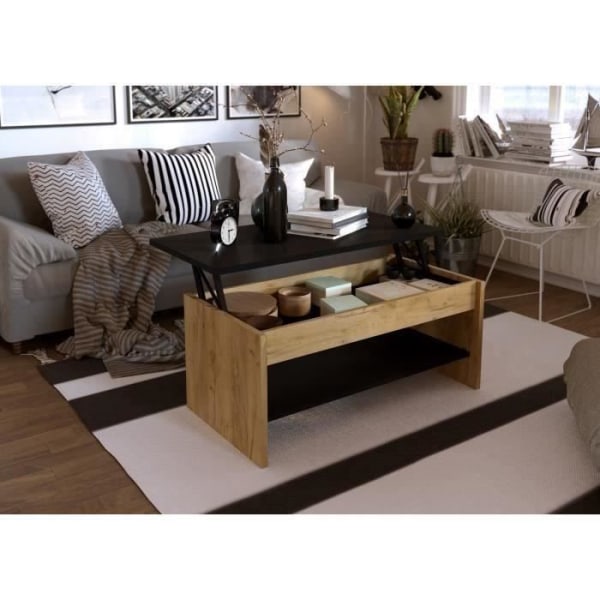 Sofabord - Eg og sort indretning - Løftbart - L 100 x D 50 x H 44 cm - HAPPY svart + ek