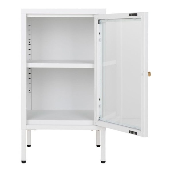 Liten 1-dörrars skänk 38x35x70 cm i glas och vit metall Vit