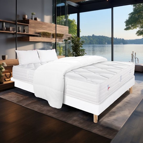 Patriote Mousse madrassset, 27 cm memoryskum, vändbar fast + vit bas 13 cm tjock + 2 kuddar + täcke Vit