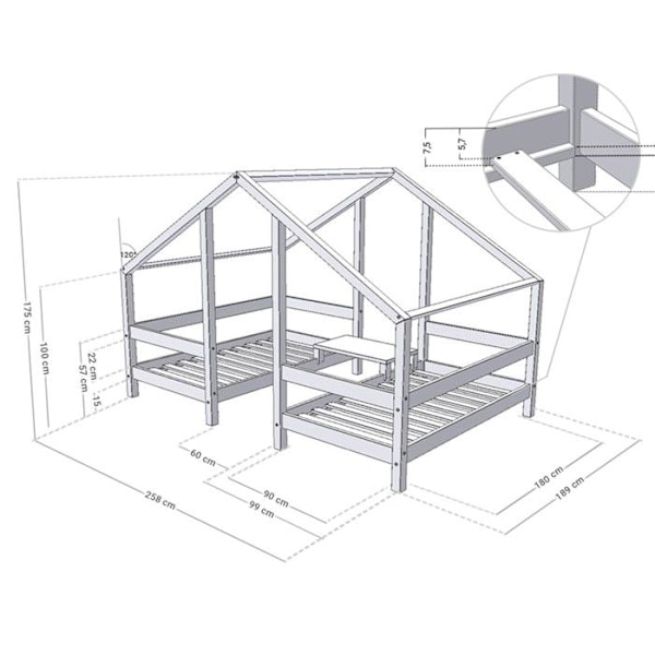Lit cabane VILLY 2 pladser 90 x 180 grå Grå