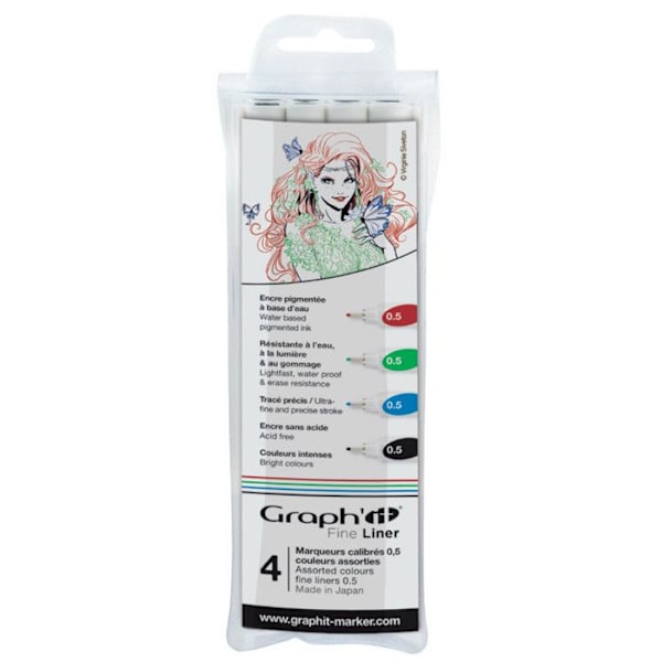 Pungtærksæt med 4 Fine Liners - Graph'It - 0,5 mm - Pigmentblæk - Sort, Blå, Grøn, Rød Flerfärgad
