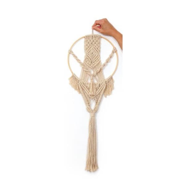 Macramé kit - Elfenben - Bambu cirkelupphängning - 26 x 70 cm - Bohemisk dekoration - DIY brun