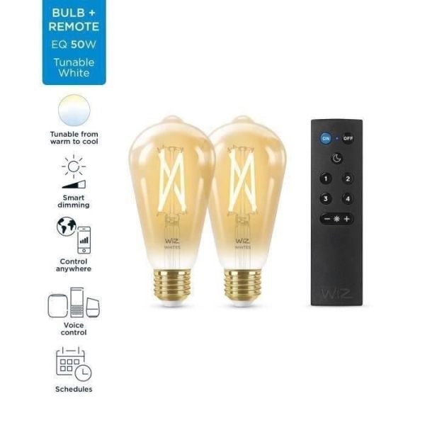 WiZ startsæt 2 tilsluttede Edison hvide variable pærer E27 50W + bærbar lysdæmper fjernbetjening