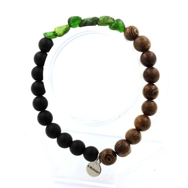 Sten og mineraler. Brasiliansk diopsidearmbånd + mat sorte onyxperler + 8 mm træ. Fremstillet i Frankrig. Grön, Svart