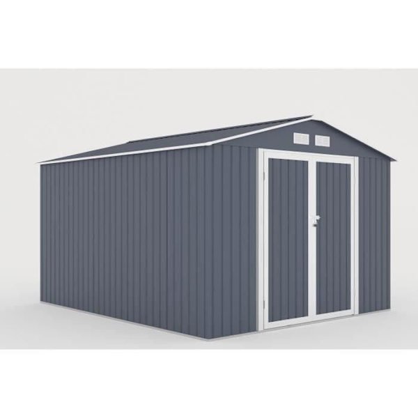Metal havestue 8,84 m² - 277 x 319 x 202 cm - VELASCO - Inkluderet forankringskit, 2 dobbeltporte - Grå Kolgrå