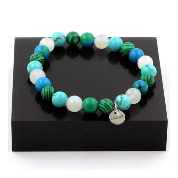 Stenar och mineraler. Månsten + Turkos + Chrysocolla + Malakitpärlor Armband 8 Tillverkat i Frankrike. Vit, Blå, Grön