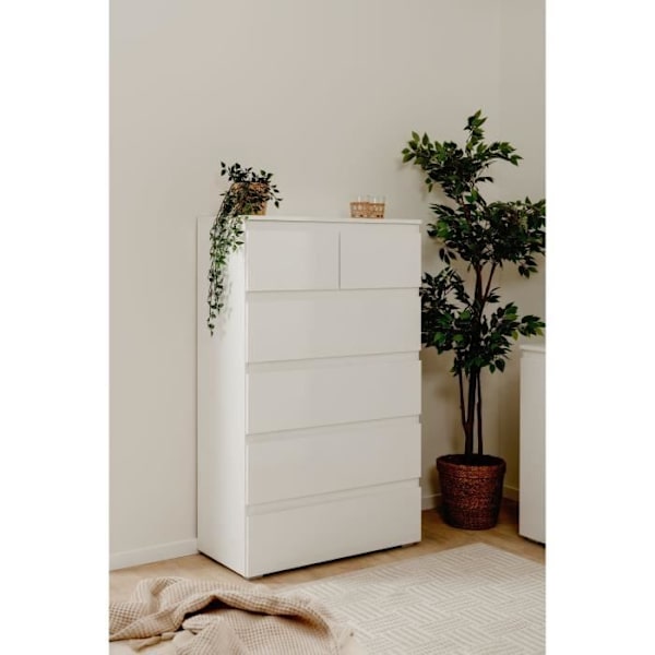 CAPETOWN byrå - Blank vit dekor - 6 lådor - L80 x H131,5 x D40 cm lysande vit