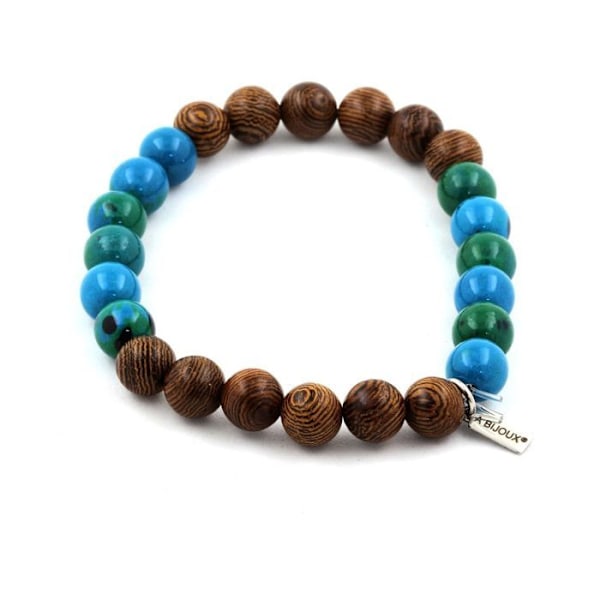 Armband - ABIJOUX - Krysokolla + Trä - 8 mm - Längd 19-20 cm - Tillverkad i Frankrike Grön