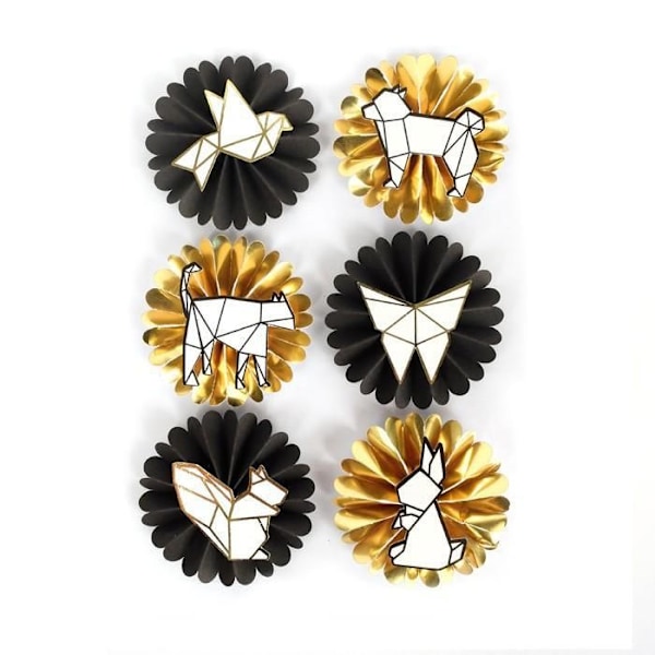 6 klistermärken 3D geometriska djur & origami Vitt, guld, svart