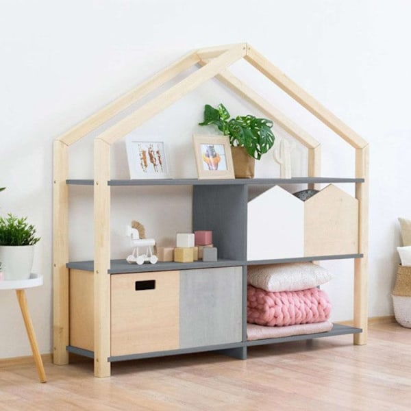 Vankka puuhylly luonnonvärinen ja harmaa 39 x 137 x 146 cm Beige