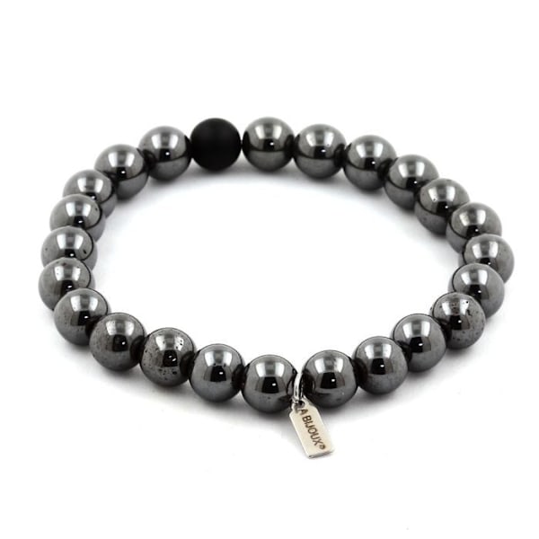 Stenar och mineraler. Armband Hematitpärlor + Mattsvart Onyx 8 mm. Tillverkad i Frankrike. Svart silver