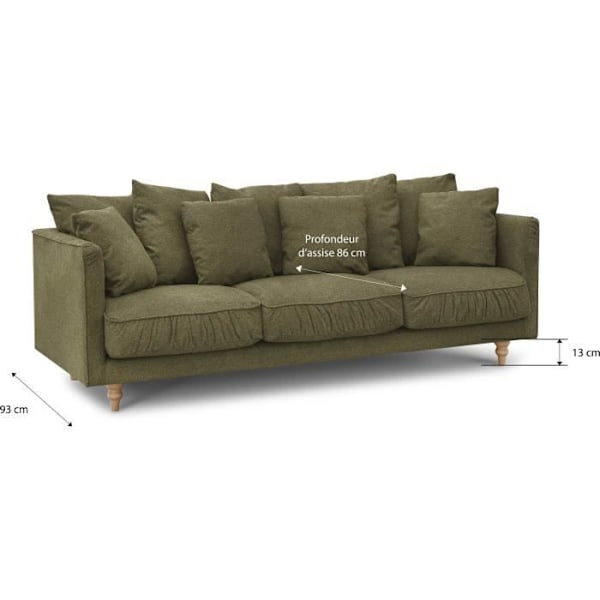 CONSTANCE 4-sits fast soffa - Grönt tyg - Ben i massivt trä - L 212 x H 87 x D 93 cm Grön