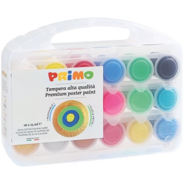 PRIMO 258TB18FMP Fluoresoiva ja metallinen nestemäinen guassi, monitoimilaukku, 18 väriä 25 ml.