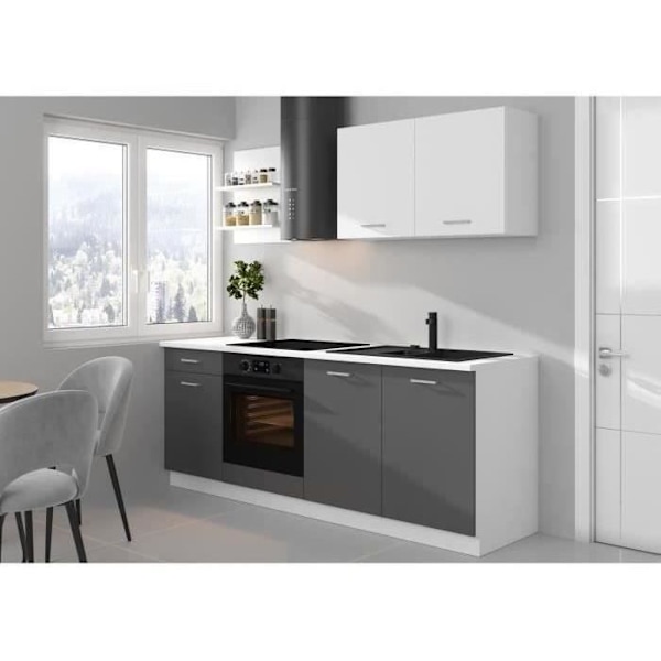 PREGO komplet køkken - L 210 cm - Grafitgrå indretning - 210 cm bordplade medfølger Grå