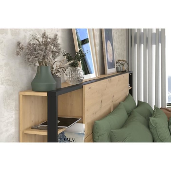 PARISOT Sengegavl med hylder + integrerede sengeborde - Eg og sort indretning - L 255 x D 36 x H 103 cm - HVID Ek och svart