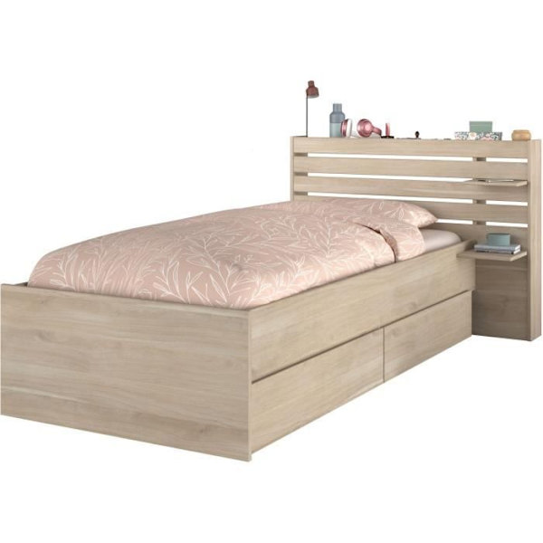 ESCALE barnsäng 90x190/200 cm - Ekdekor - Sänggavel + 2 lådor - L121,5 x H88,6 x D216,8 cm Japansk ek