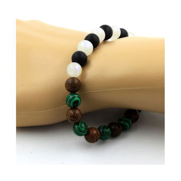 Kivet ja Mineraalit. Moonstone Beads Rannekoru + mattamusta onyksi + malakiitti + puu 8 Valmistettu Ranskassa. Månsten, Svart onyx, Malakit, Trä