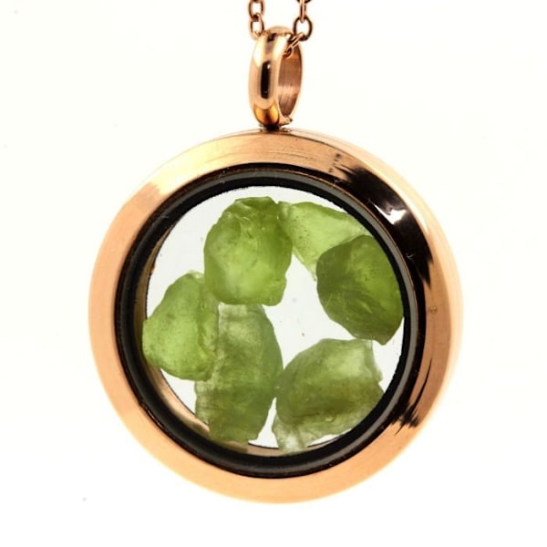 Kaulaketju - ABIJOUX - Medaillon 30 mm - Ruostumatonta terästä - Kelluva lasi - Luonnollinen peridootti Rose guld