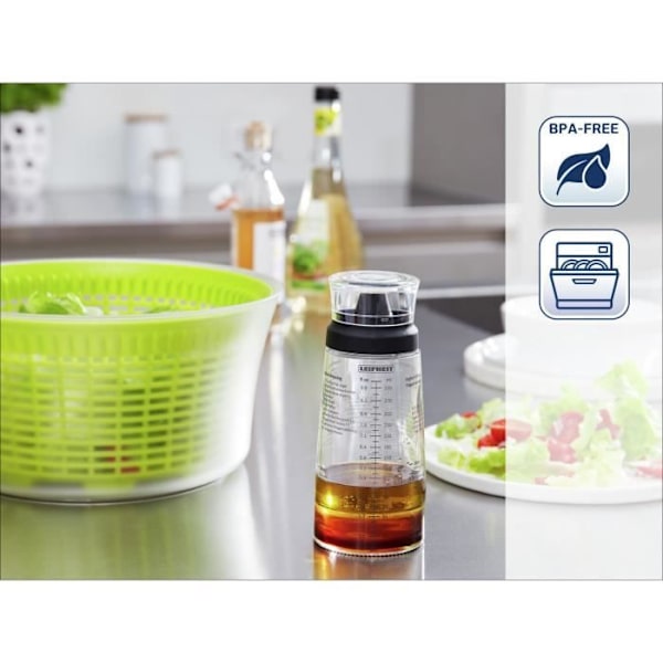 Vinaigrette-sakset Leifheit 3195, 300 ml:n mitta-astiassa varustettu vinaigrettemikseri, tippasuojalla varustettu kaatonokka, 5 reseptiä mukana. klar och svart
