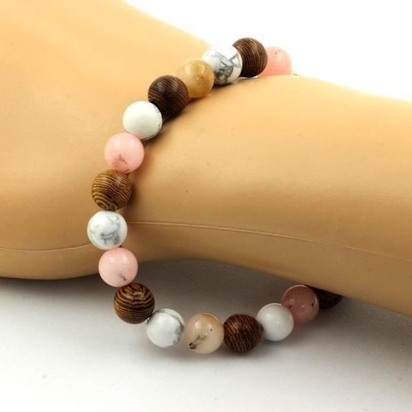 Sten og mineraler. Pink Opal Beads Armbånd + Howlite + træ 8 mm. Fremstillet i Frankrig.