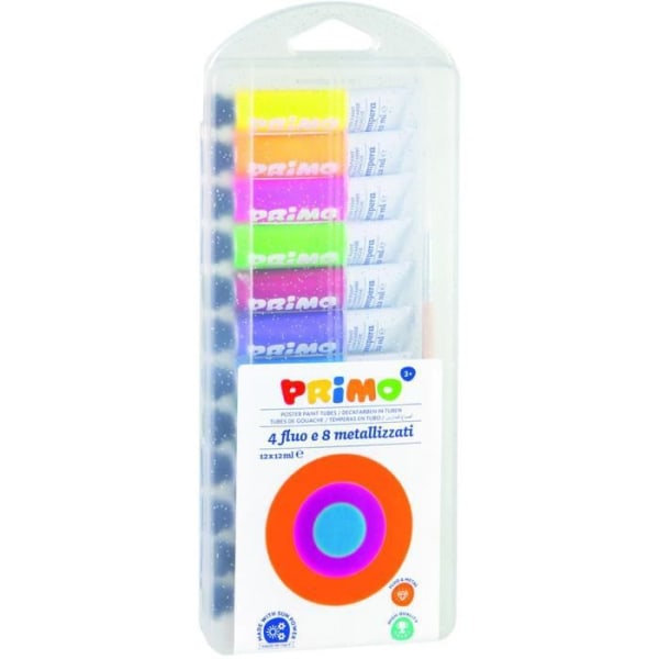 PRIMO 450T12FMP 12 ml rör med special gouache: 4 fluorescerande färger och 8 metallfärger.