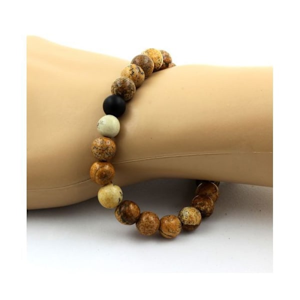 Sten og mineraler. Landskab Jaspis Perler + Mat Sort Onyx Armbånd 8 mm. Fremstillet i Frankrig. Jaspe Landskap, Matt svart Onyx