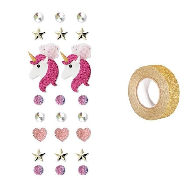 23 3D Unicorn tarraa + kultainen glitter maalarinteippi 5 m Rosa, guld
