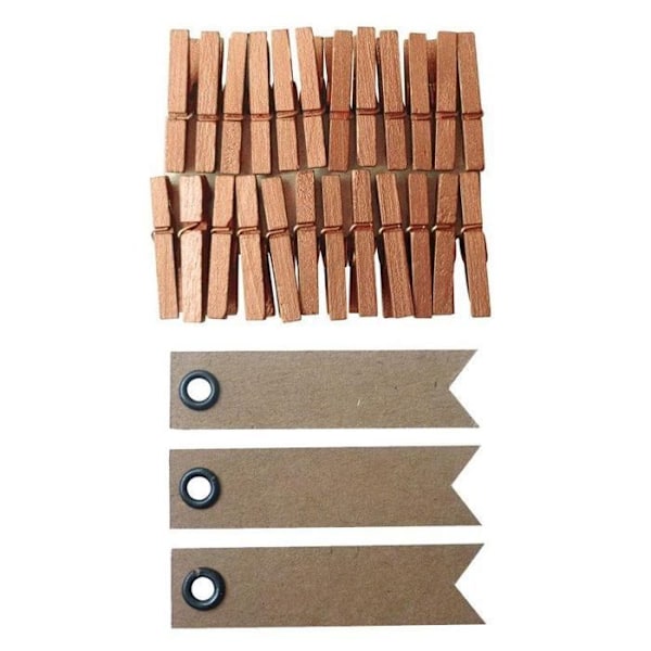 Mini 3 cm kobberfarvede tøjklemmer af træ + 20 vimpel kraftetiketter Koppar