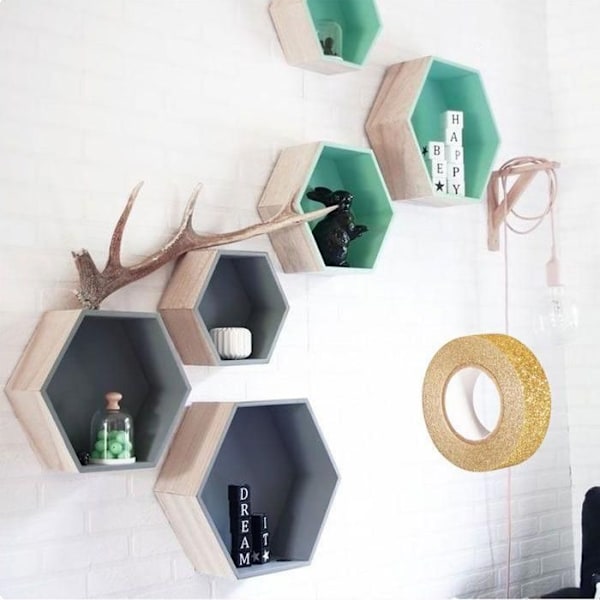 3 hexagonala hyllor i trä + guldglittrande masking tape 5 m Beige