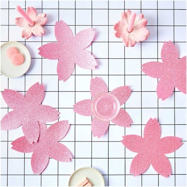 6 glitter-kirsebærblomsterunderlag, i filt, 19 x 19 cm Rosa