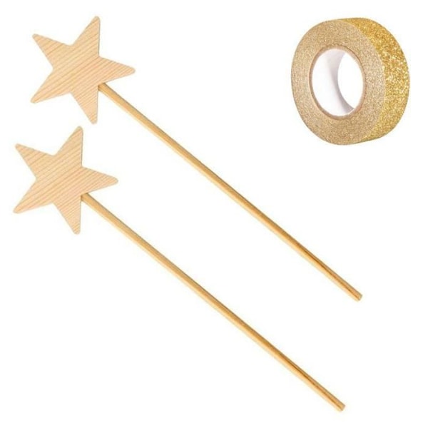 2 tryllestave i træ 23 cm + guldglimmer malertape 5 m Beige