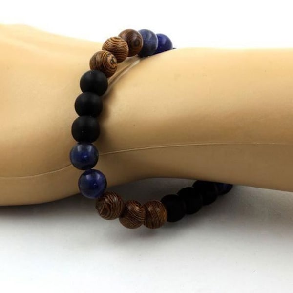 Armbånd Sodalite Beads + Mat Sort Onyx + Træ 8 mm - ABIJOUX - Made in France Blå, svart, trä