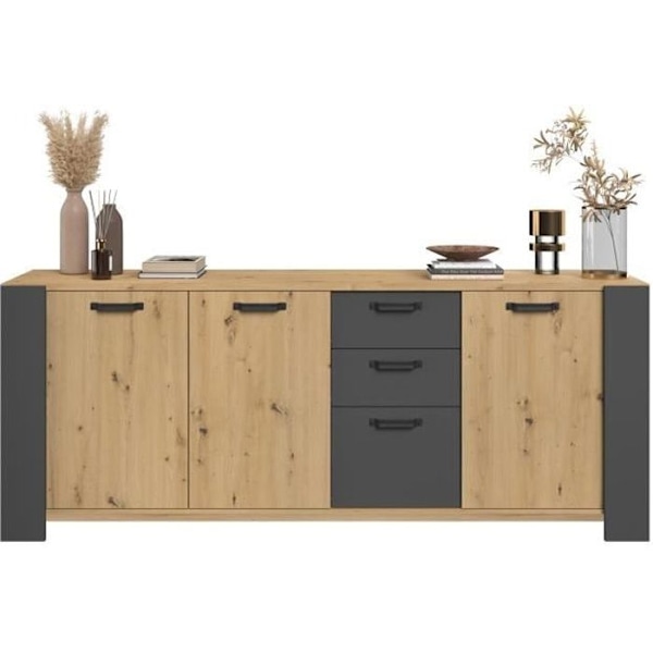 LOFT skænk - Håndværker eg og skyggegrå melamin indretning - 3 låger og 3 skuffer - L 220 x D 52 x H 86,5 cm - PARISOT Ek och Grå
