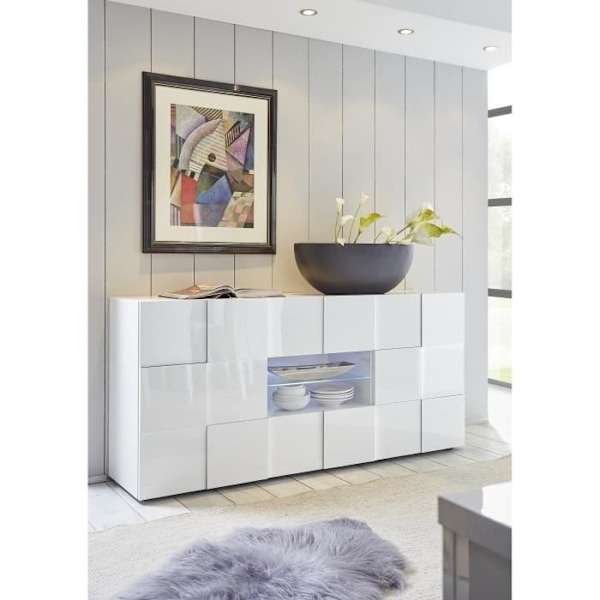 MILANO skänk - Blanklackerad vit dekor - 2 luckor 2 lådor - L181 x D43 x H84 cm Högblank vit lack