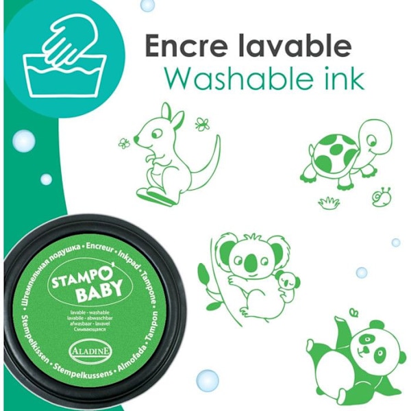 Tamponit Stampo Baby - Aladine - Eläimet - 4 vaahtotamkkia - Vihreä mustepurkki - Lapsille Grön