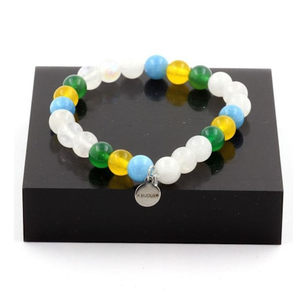 Sten og mineraler. Moonstone Beaded Armbånd + Gul Agat + Grøn Agat + Fremstillet i Frankrig. Vit, gul, grön