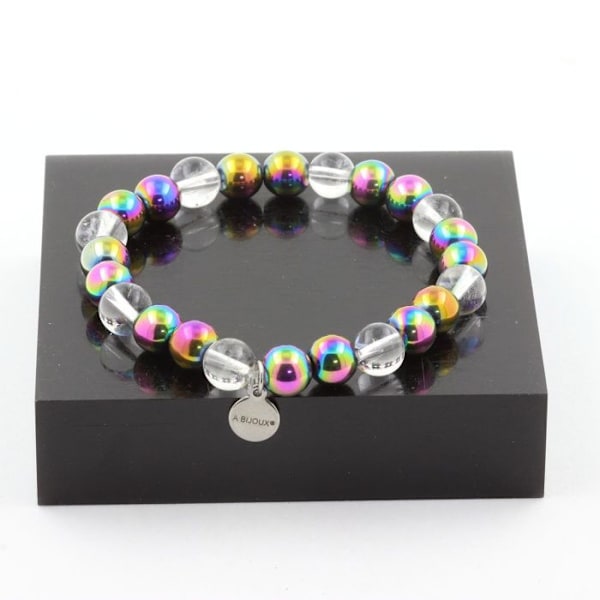 Stenar och mineraler. Quartz Beads Armband + Multicolored Hematite 8 mm. Tillverkad i Frankrike. Flerfärgad