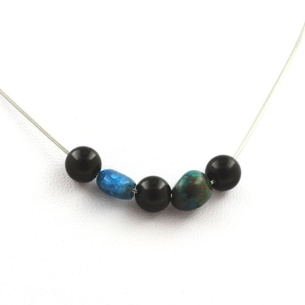 Collier - ABIJOUX - Sort agate 8 mm - Chrysocolla USA - Blå apatite - Rustfrit stål Svart blå