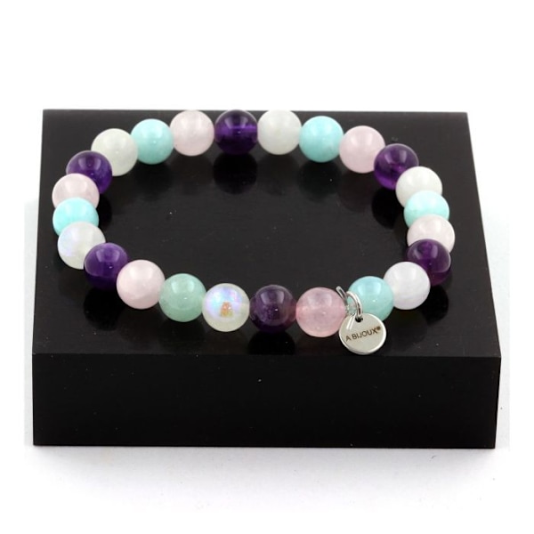 Sten og mineraler. Månesten + Angelit + Ametyst + Rose Quartz Beads Armbånd 8 Lavet i Frankrig.