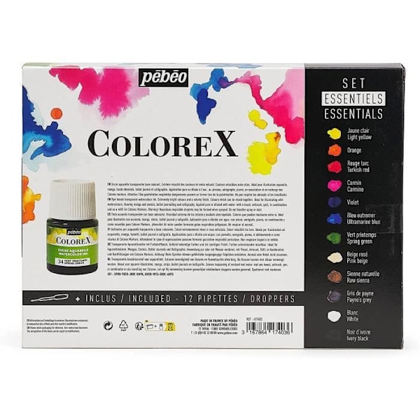 Sæt med 12 essentielle flasker Colorex 20ml Färger som är blandbara med varandr