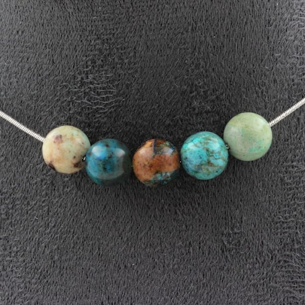 Stenar och mineraler. Halsband 5 Chrysocolla pärlor från Namibia kvalitet 7A 8 mm. Kedjehalsband för kvinnor och män. Anpassad storlek Blå