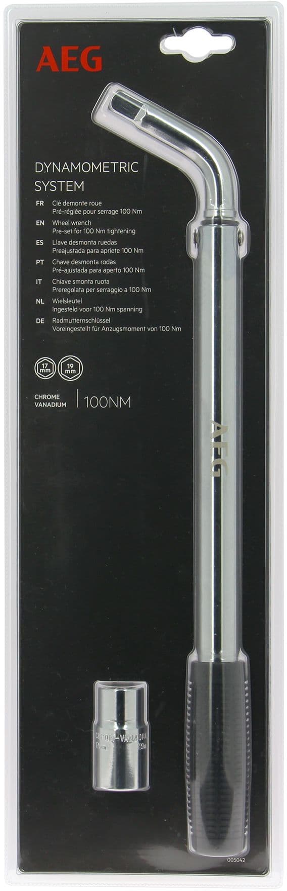 Dynamometrisk hjulmøtriknøgle forindstillet til 100N/m - AEG - Vendbar socket på 17 og 19mm - Chrome-vanadium stål Grå