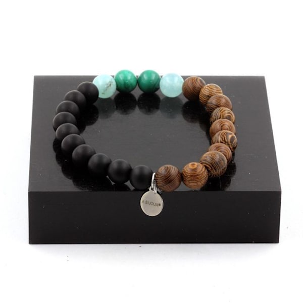 Sten og mineraler. Congo Malachite Beads Armbånd + Angelite + Mat Sort Onyx + Træ 8 Fremstillet i Frankrig. Grön, blå, svart
