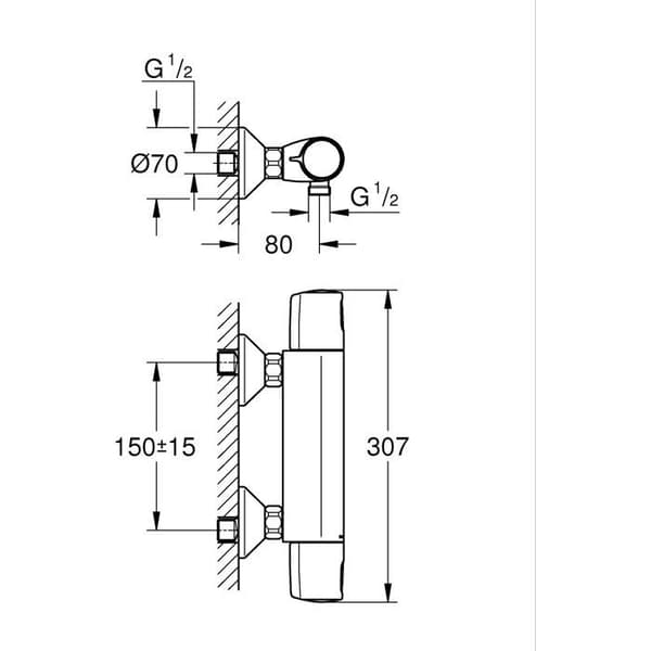 GROHE Termostatisk brusersensor Precision Trend, vægmontering, beskyttelse mod forbrændinger, 1/2" gevindtilslutning, krom, 34229002