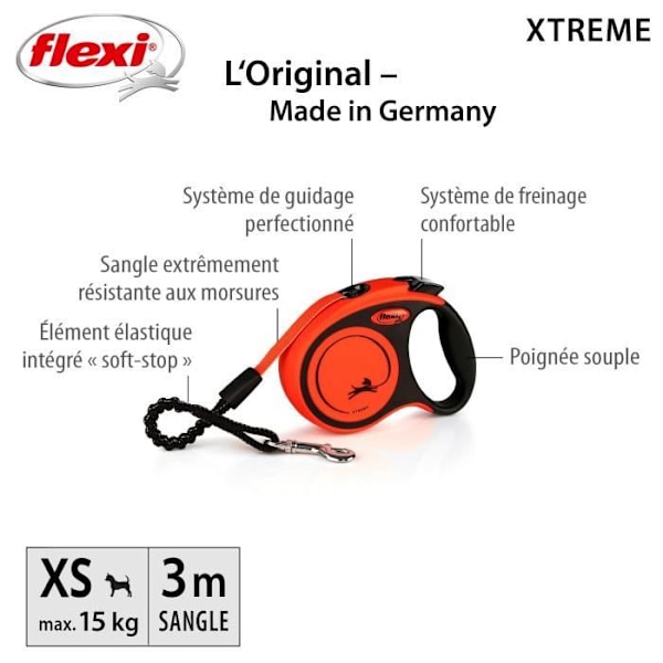 TRIXIE flexi XTREME remsnor - Str. XS - 3m - Sort og orange svart/orange