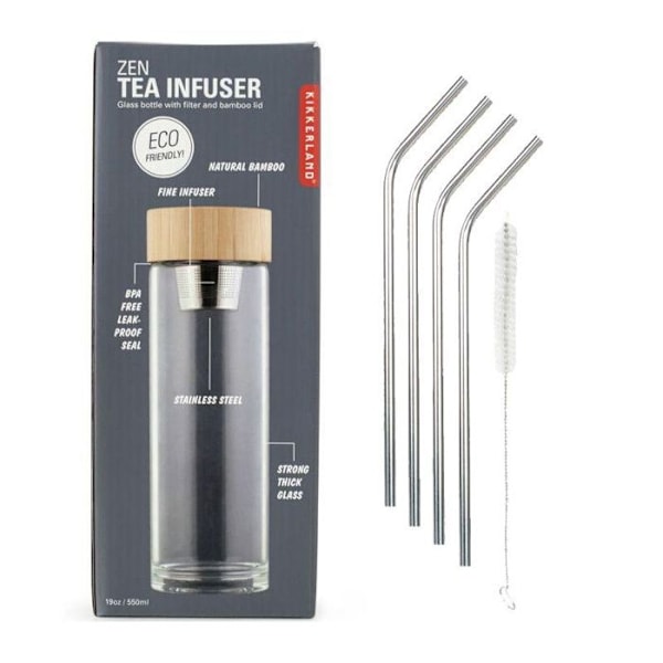 Te-infusionsflaske + 4 sugerør i rustfrit stål