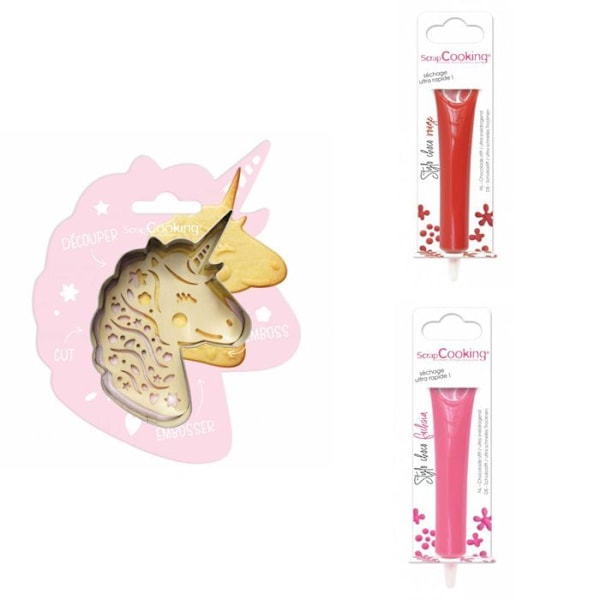 Kit för enhörningspräglad kaka + 2 röda och fuchsia chokladpennor Grå