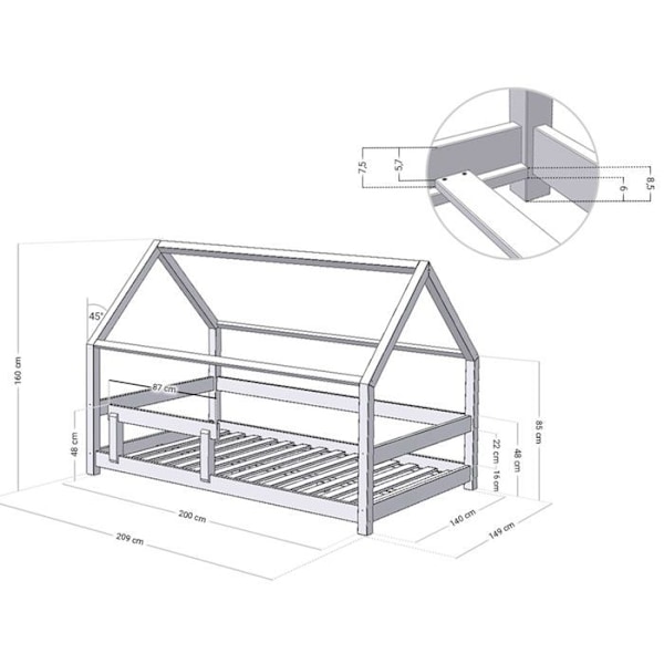 Lit cabane - Benlemi - TERY - Grå - 140x200cm - Massiv træ - 1 plads grå